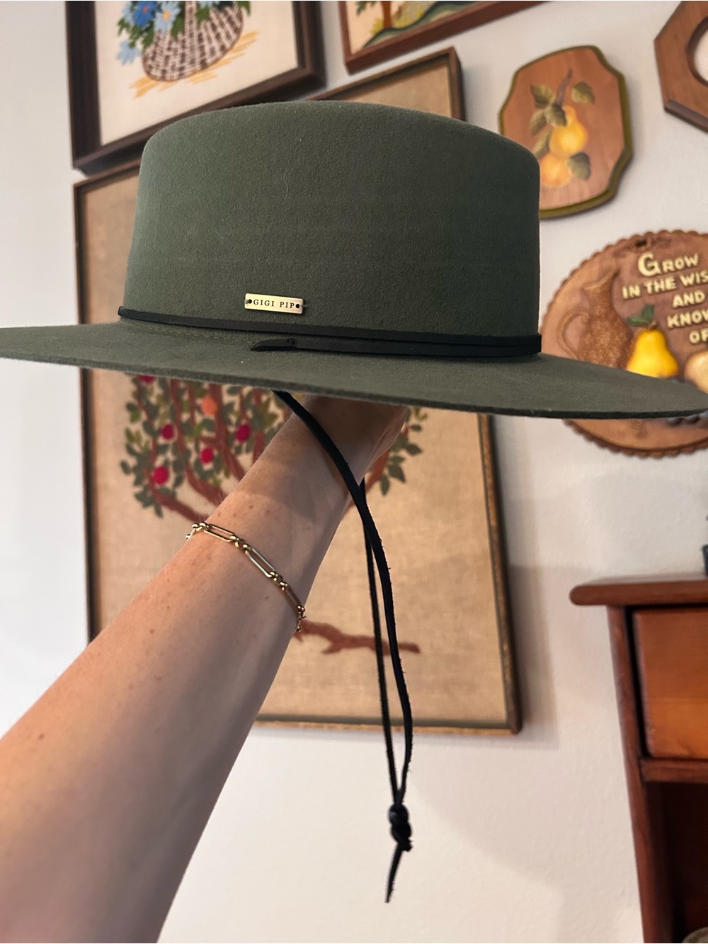 GIGI PIP Olive Wide Brim Felt Rancher Hat with Black Chin Cord